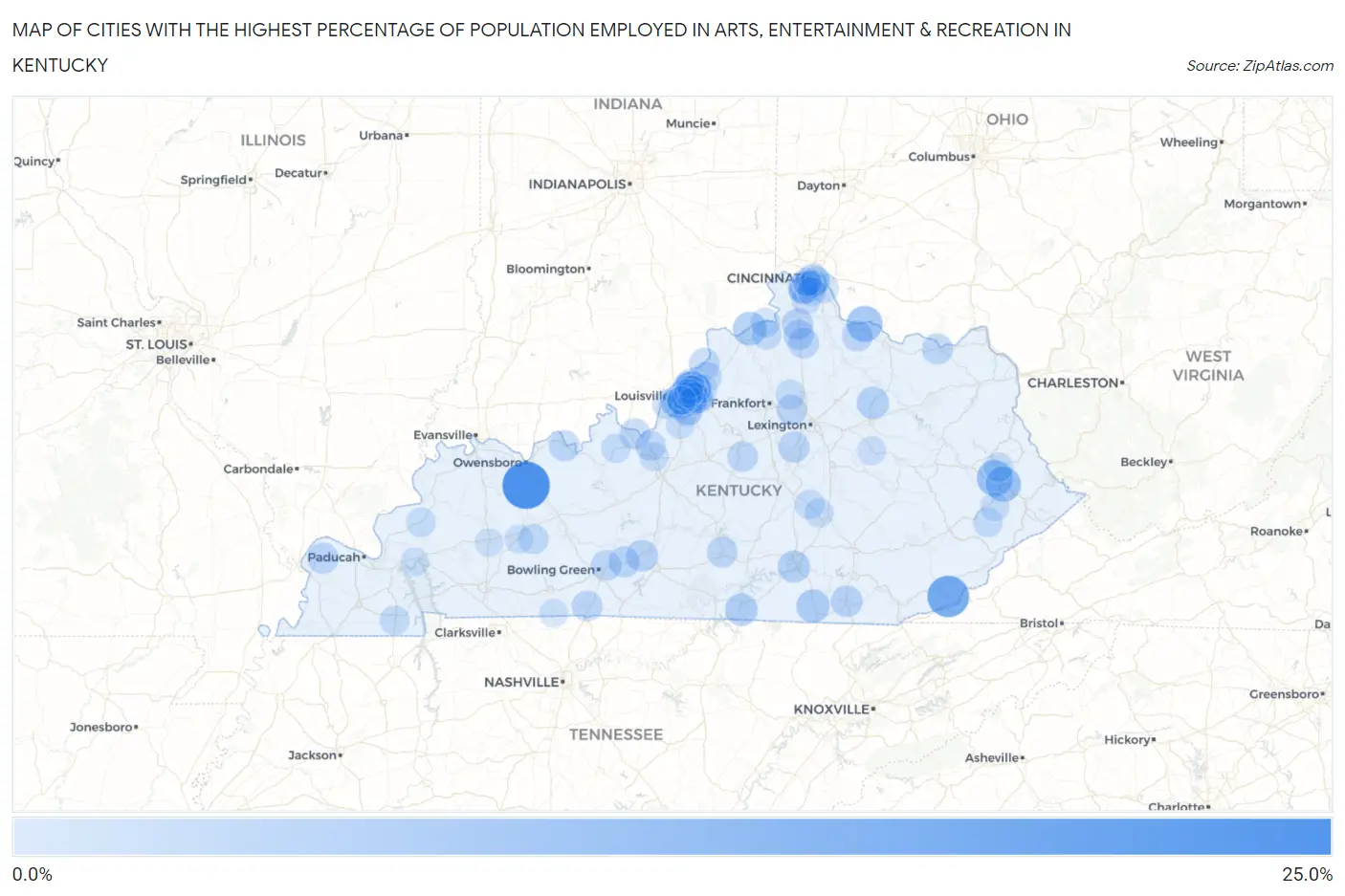 Cities with the Highest Percentage of Population Employed in Arts, Entertainment & Recreation in Kentucky Map