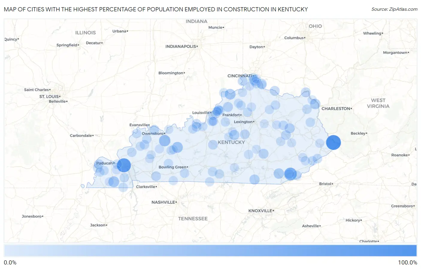 Cities with the Highest Percentage of Population Employed in Construction in Kentucky Map