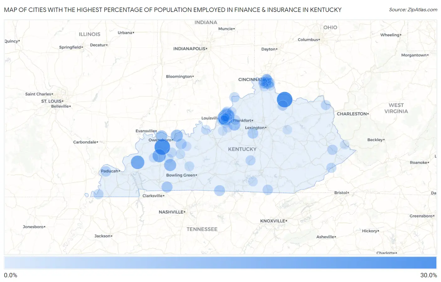 Cities with the Highest Percentage of Population Employed in Finance & Insurance in Kentucky Map