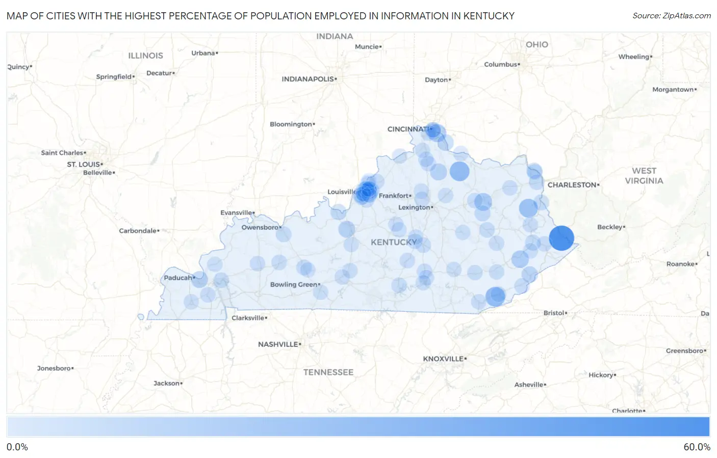 Cities with the Highest Percentage of Population Employed in Information in Kentucky Map