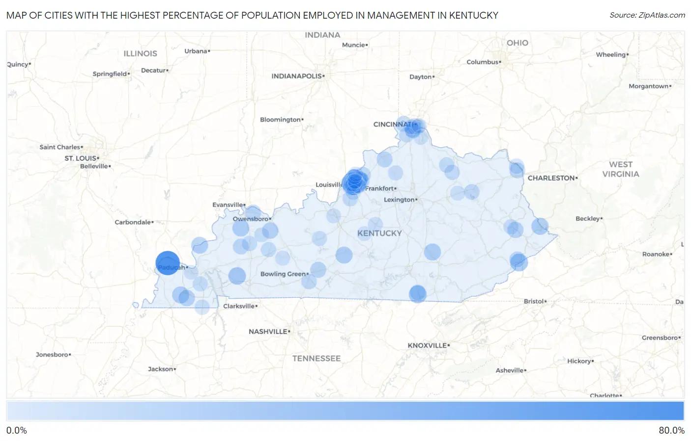 Cities with the Highest Percentage of Population Employed in Management in Kentucky Map