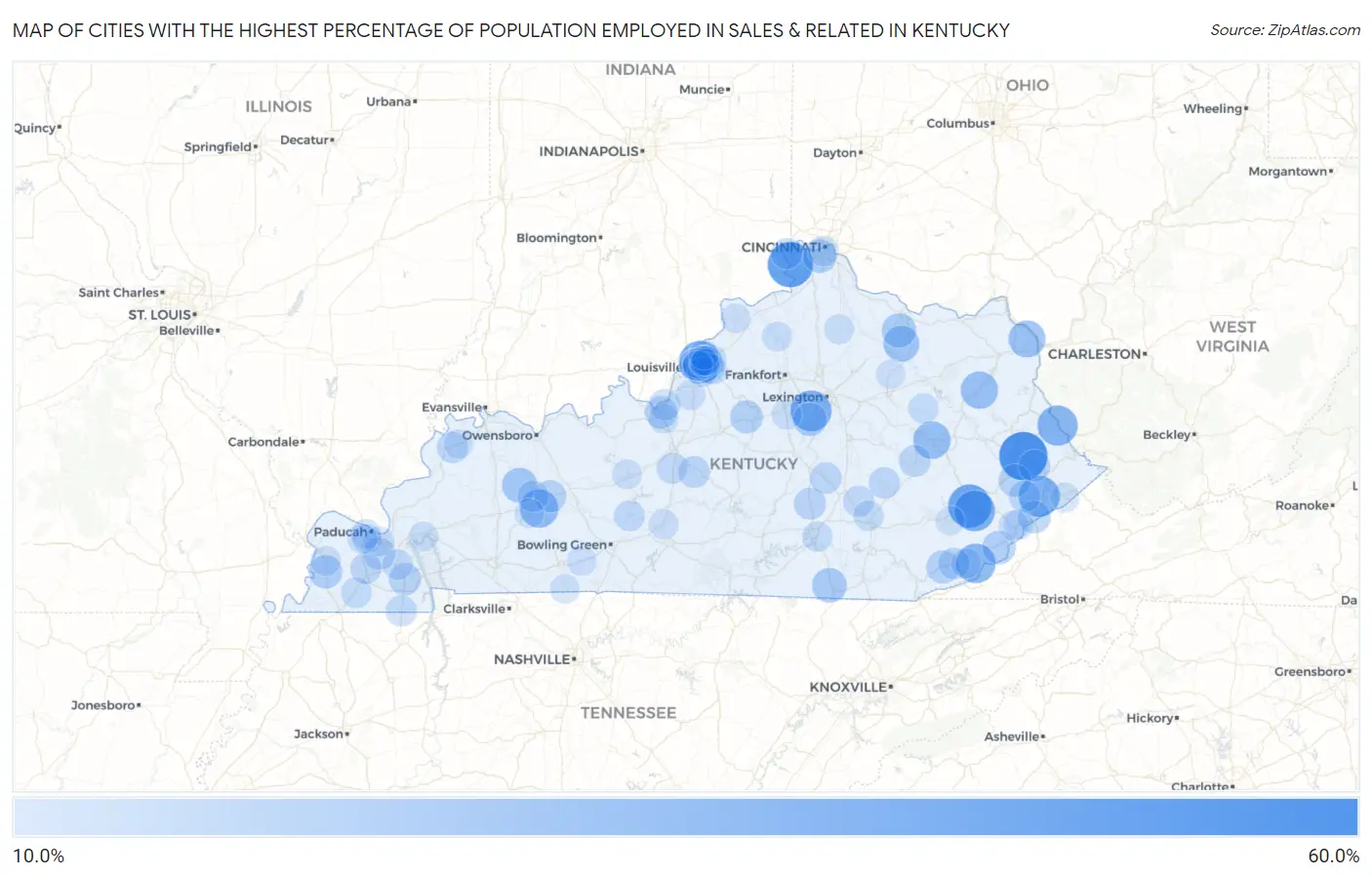 Cities with the Highest Percentage of Population Employed in Sales & Related in Kentucky Map