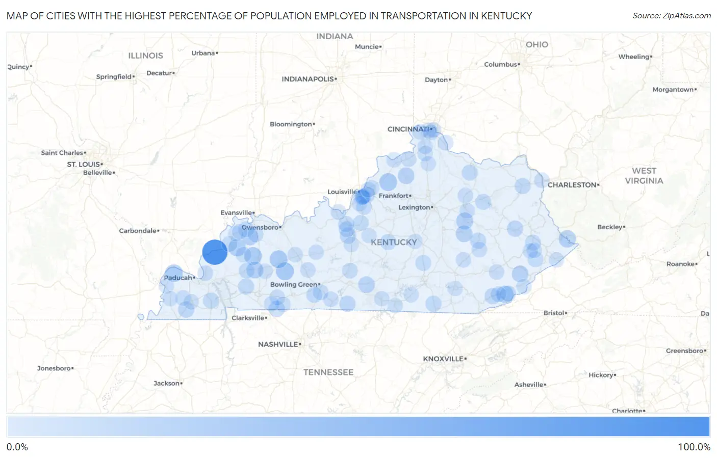 Cities with the Highest Percentage of Population Employed in Transportation in Kentucky Map