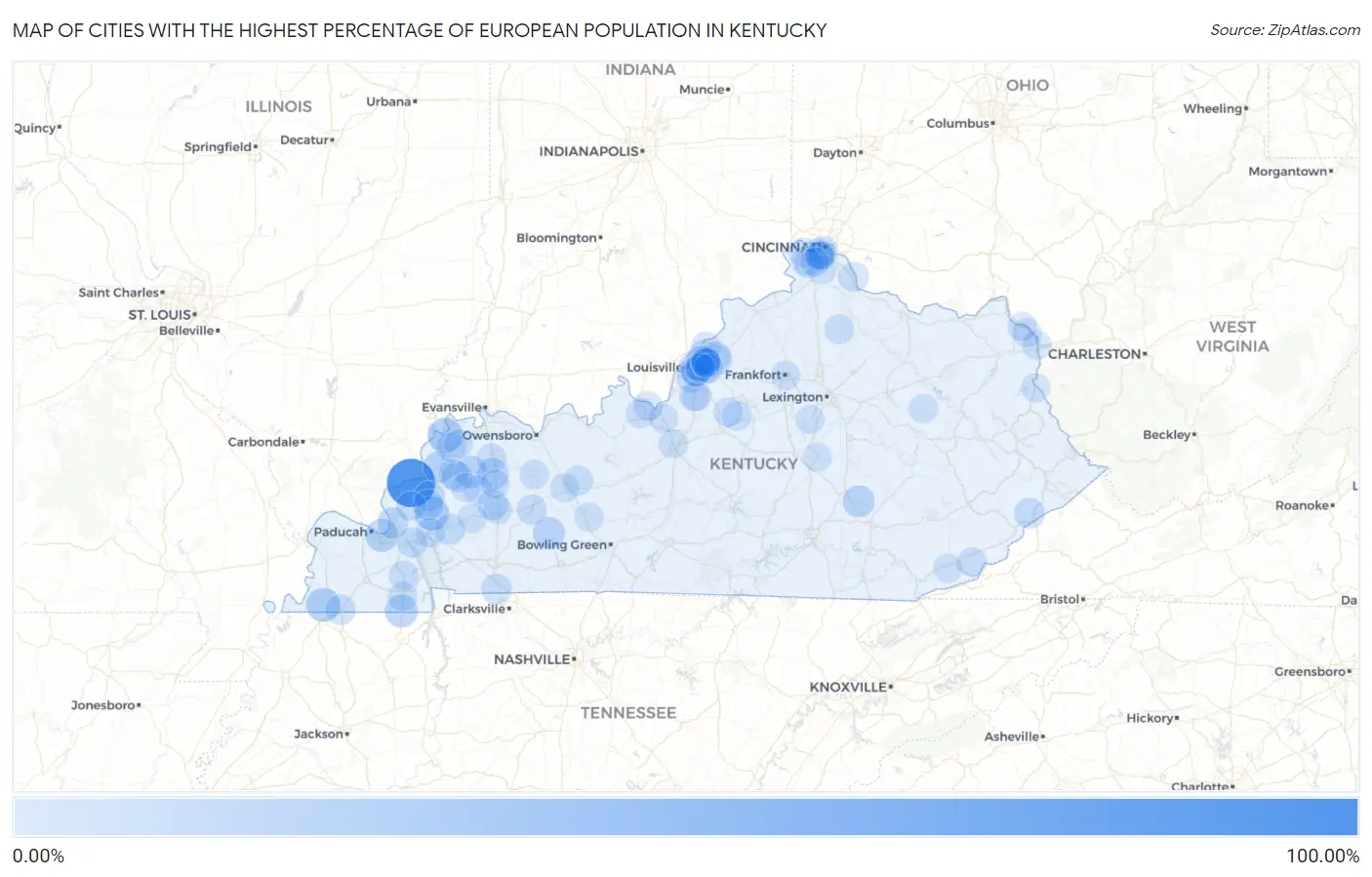 Cities with the Highest Percentage of European Population in Kentucky Map