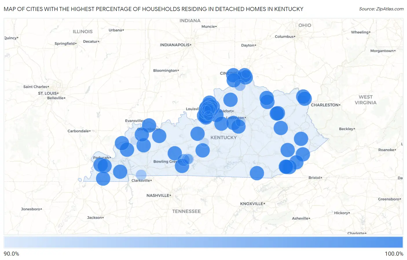 Cities with the Highest Percentage of Households Residing in Detached Homes in Kentucky Map