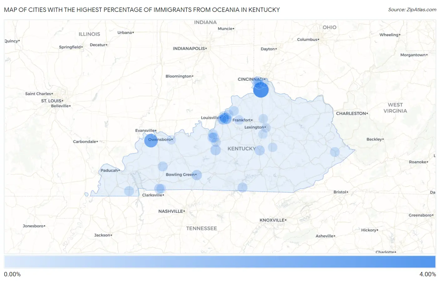 Cities with the Highest Percentage of Immigrants from Oceania in Kentucky Map