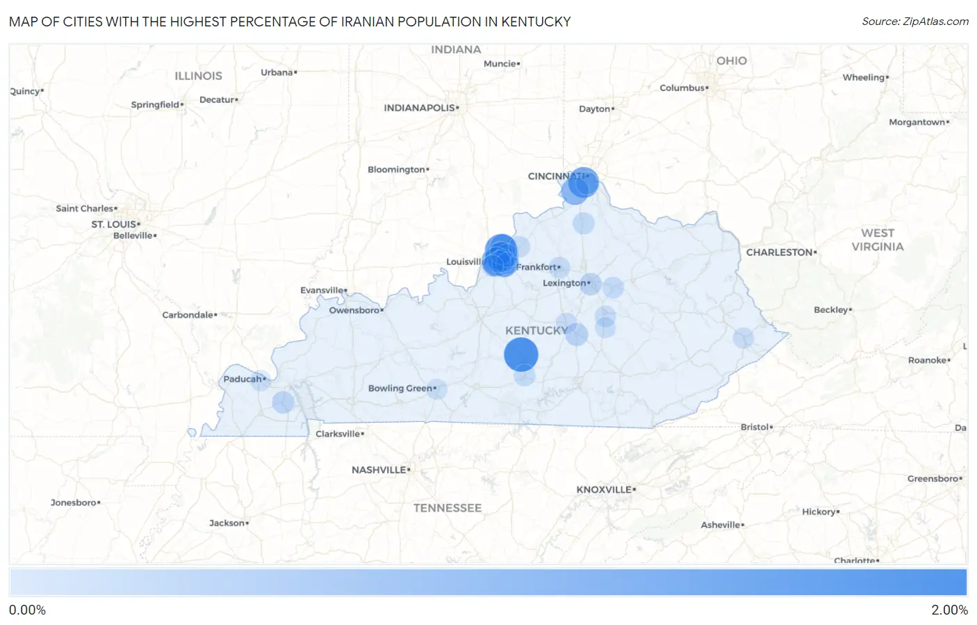 Cities with the Highest Percentage of Iranian Population in Kentucky Map