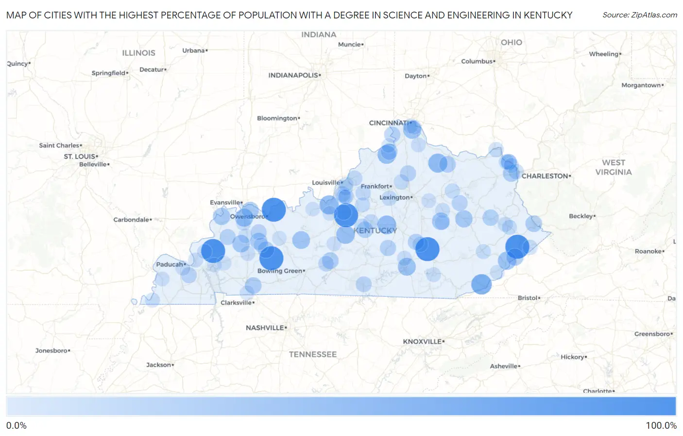Cities with the Highest Percentage of Population with a Degree in Science and Engineering in Kentucky Map