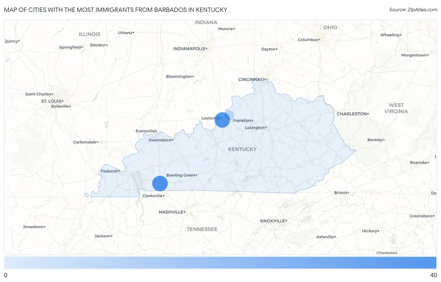 Cities with the Most Immigrants from Barbados in Kentucky Map