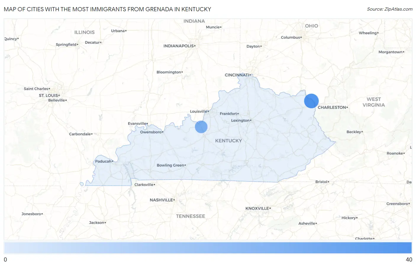 Cities with the Most Immigrants from Grenada in Kentucky Map