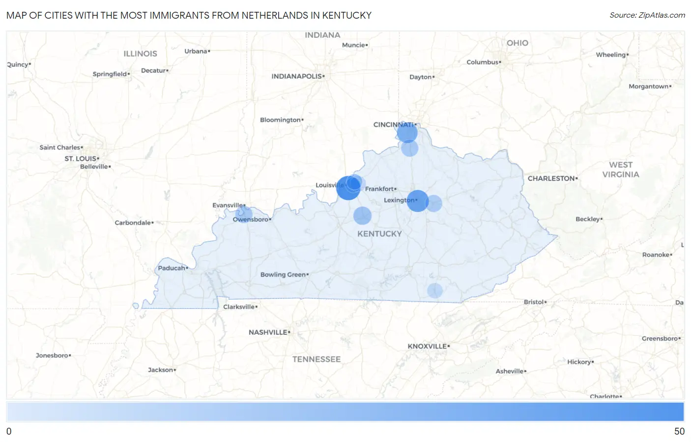 Cities with the Most Immigrants from Netherlands in Kentucky Map