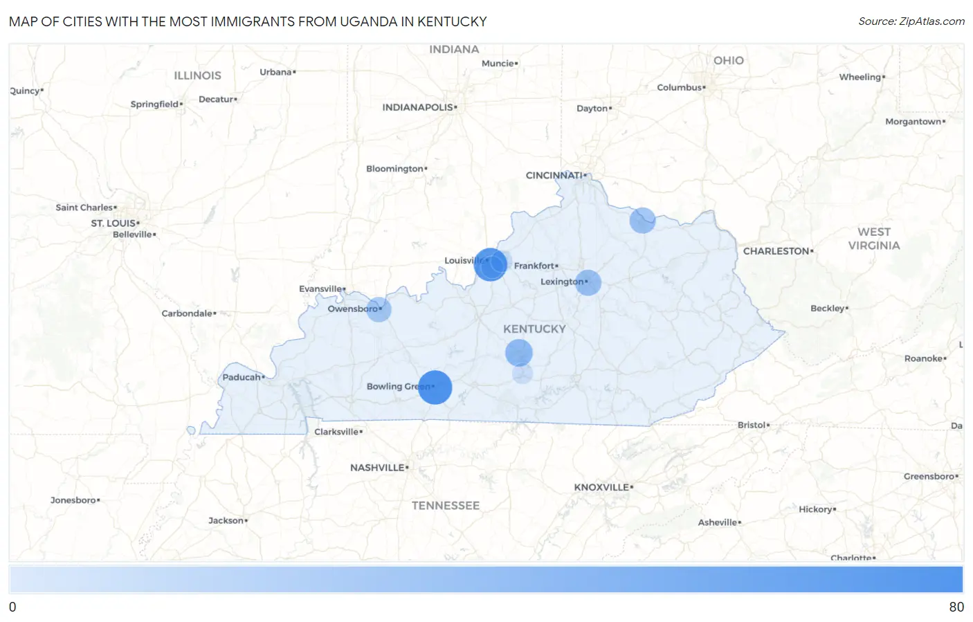 Cities with the Most Immigrants from Uganda in Kentucky Map