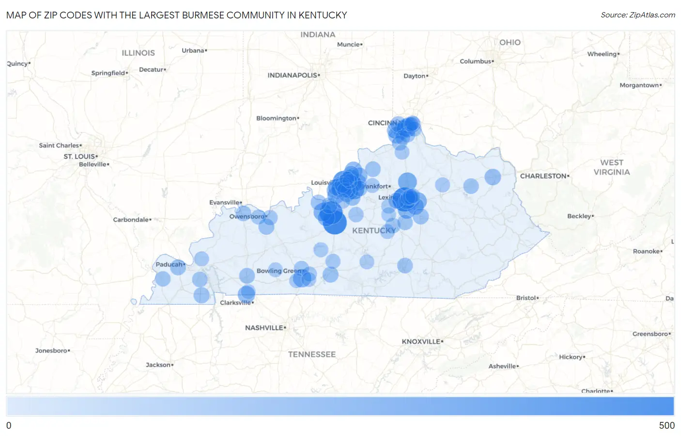 Zip Codes with the Largest Burmese Community in Kentucky Map