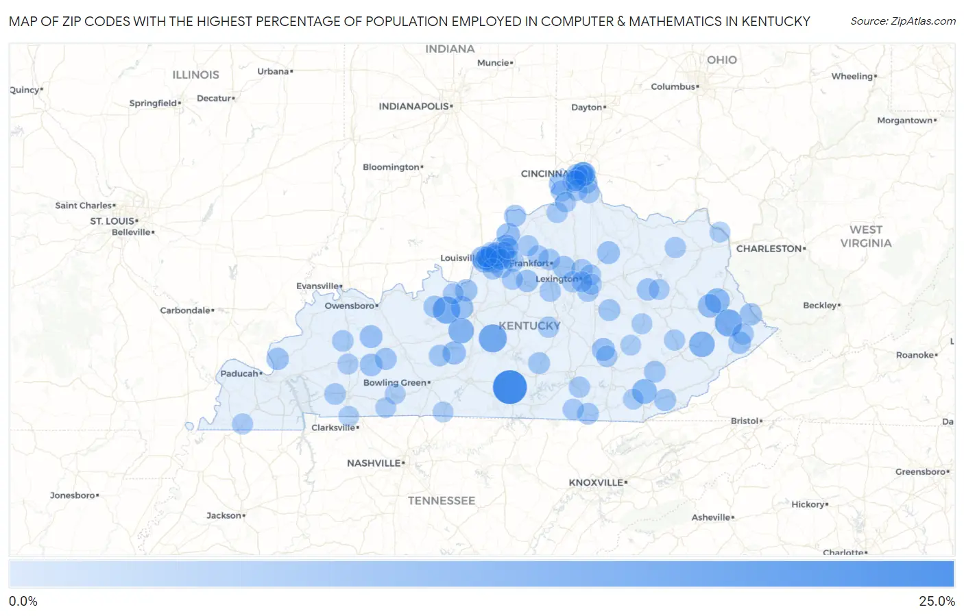 Zip Codes with the Highest Percentage of Population Employed in Computer & Mathematics in Kentucky Map