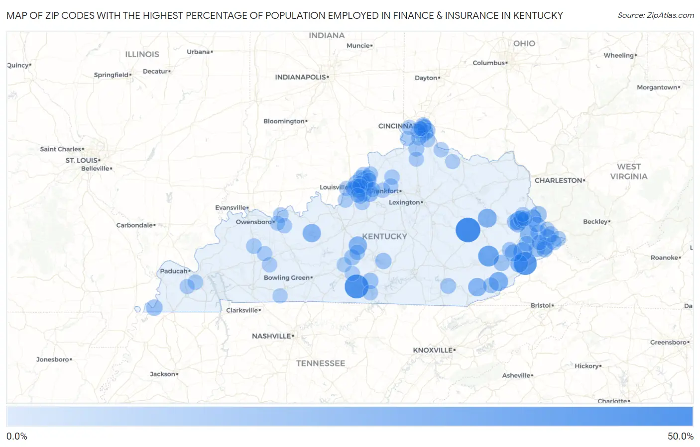Zip Codes with the Highest Percentage of Population Employed in Finance & Insurance in Kentucky Map