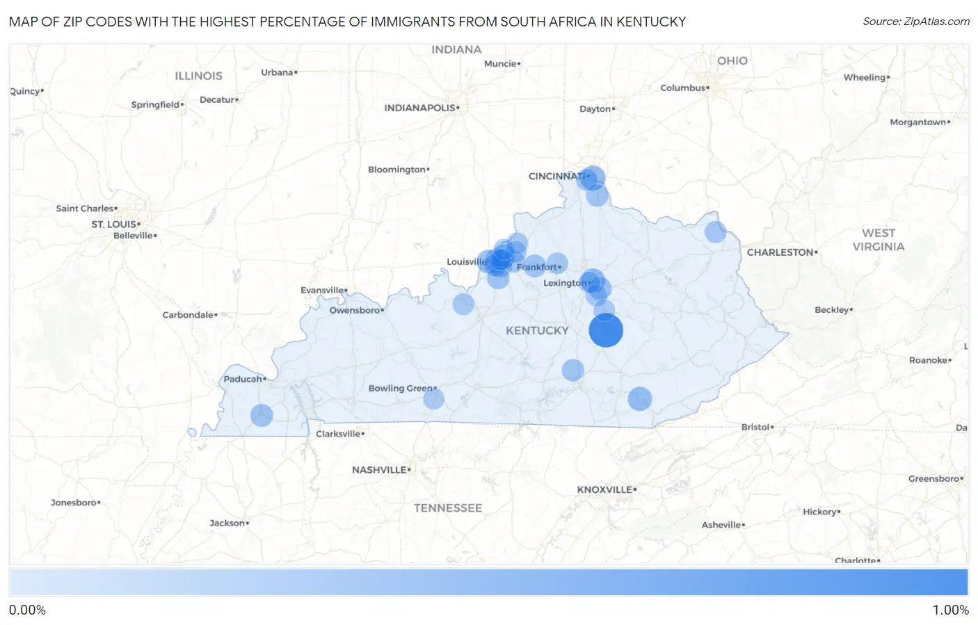 Zip Codes with the Highest Percentage of Immigrants from South Africa in Kentucky Map