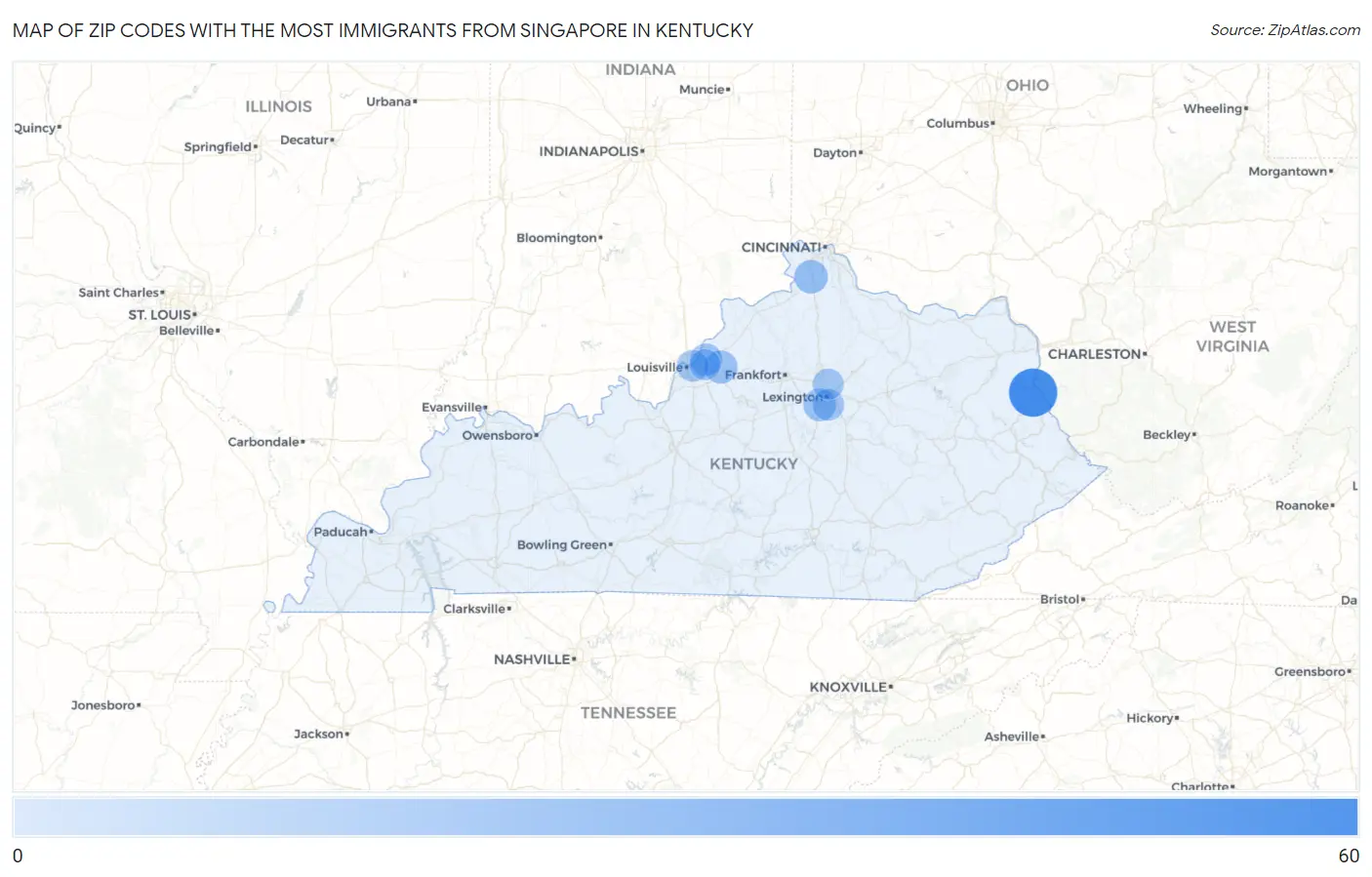 Zip Codes with the Most Immigrants from Singapore in Kentucky Map