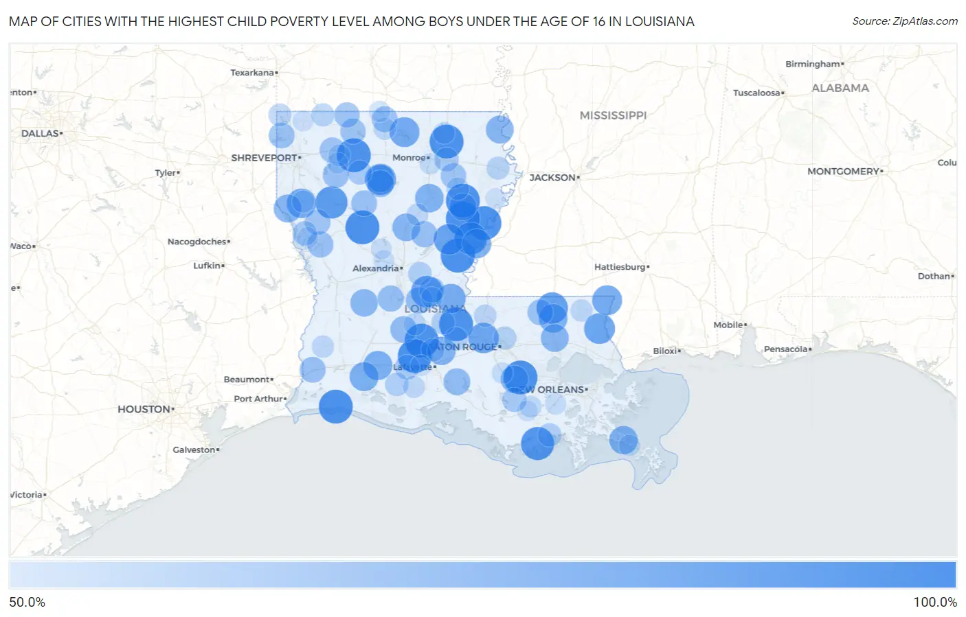 Cities with the Highest Child Poverty Level Among Boys Under the Age of 16 in Louisiana Map