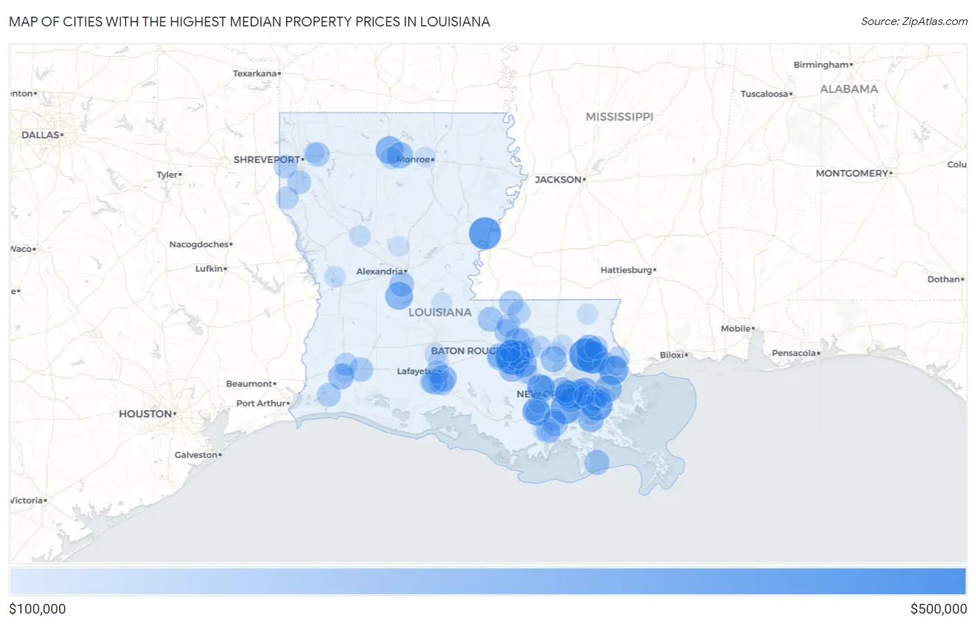 Cities with the Highest Median Property Prices in Louisiana Map