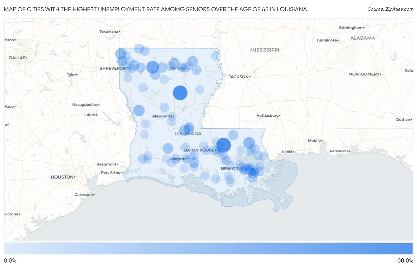 Cities with the Highest Unemployment Rate Amomg Seniors Over the Age of 65 in Louisiana Map