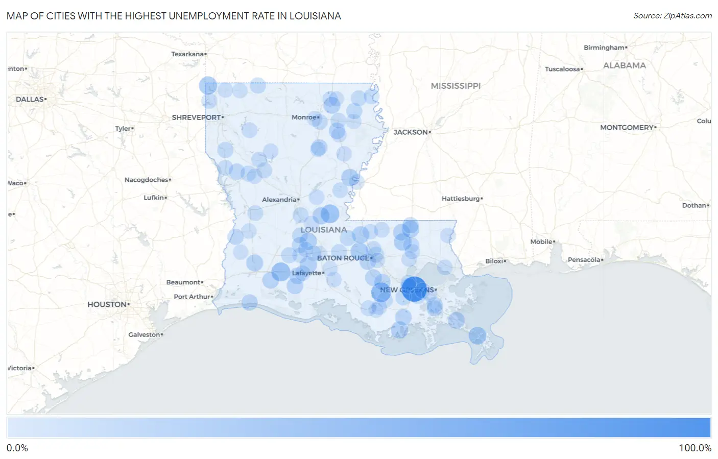 Cities with the Highest Unemployment Rate in Louisiana Map