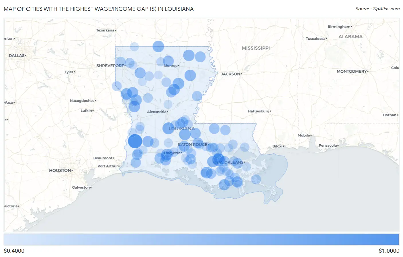 Cities with the Highest Wage/Income Gap ($) in Louisiana Map