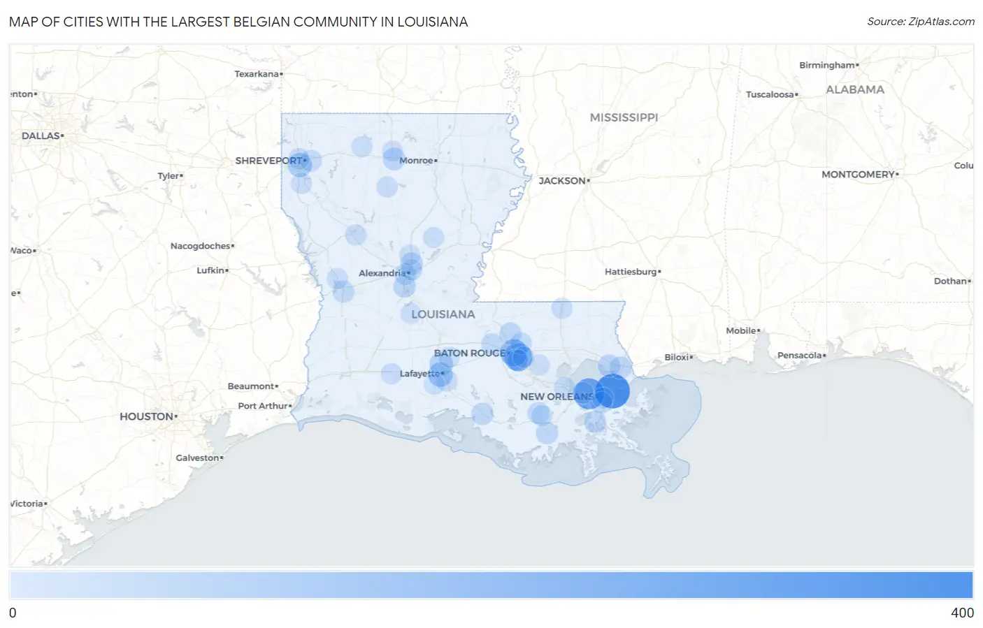 Cities with the Largest Belgian Community in Louisiana Map