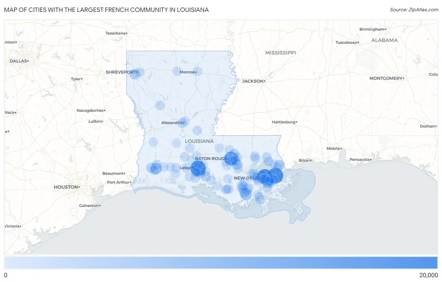 Cities with the Largest French Community in Louisiana Map