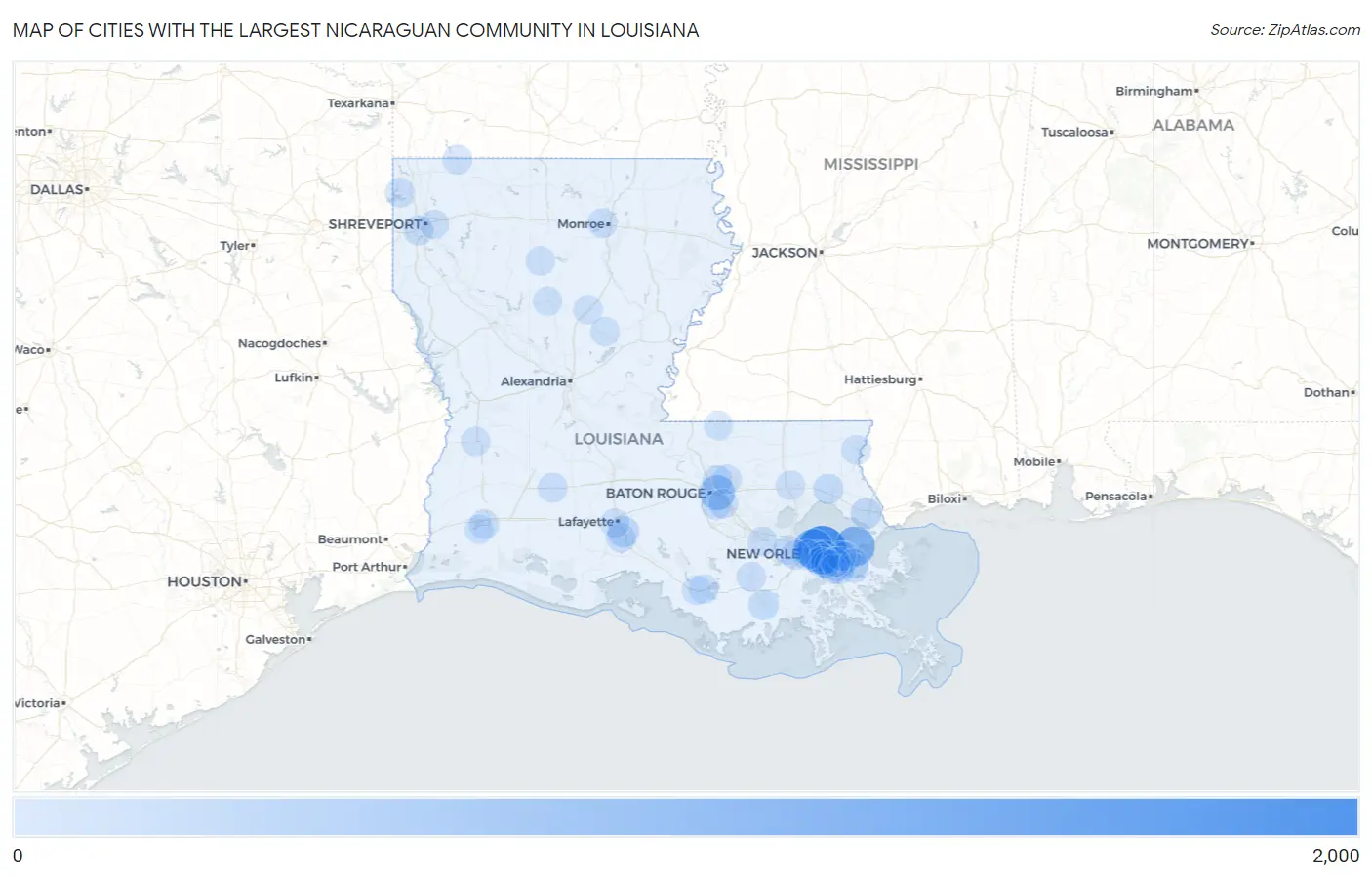 Cities with the Largest Nicaraguan Community in Louisiana Map
