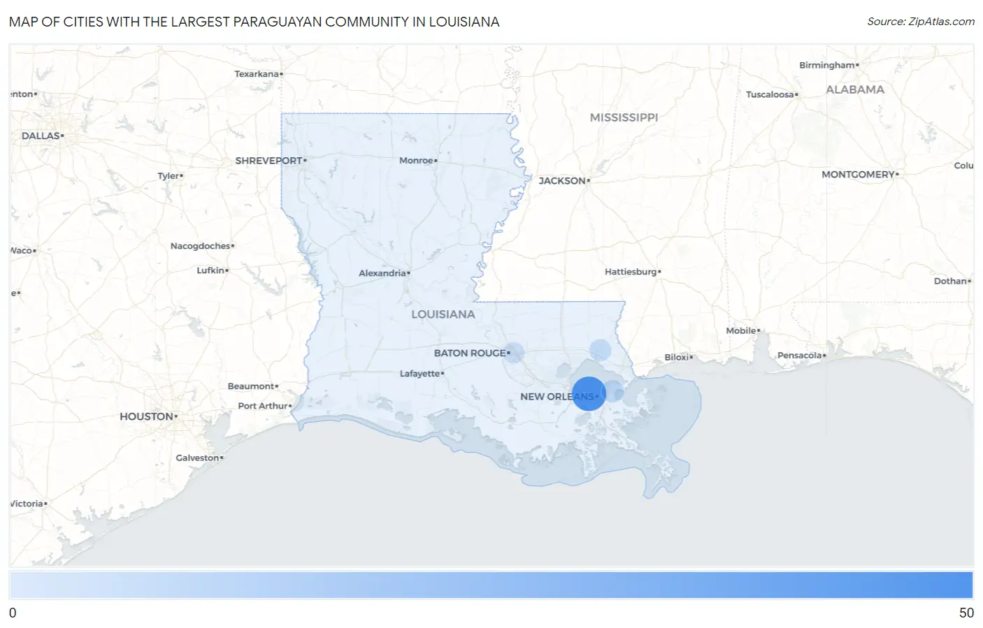 Cities with the Largest Paraguayan Community in Louisiana Map