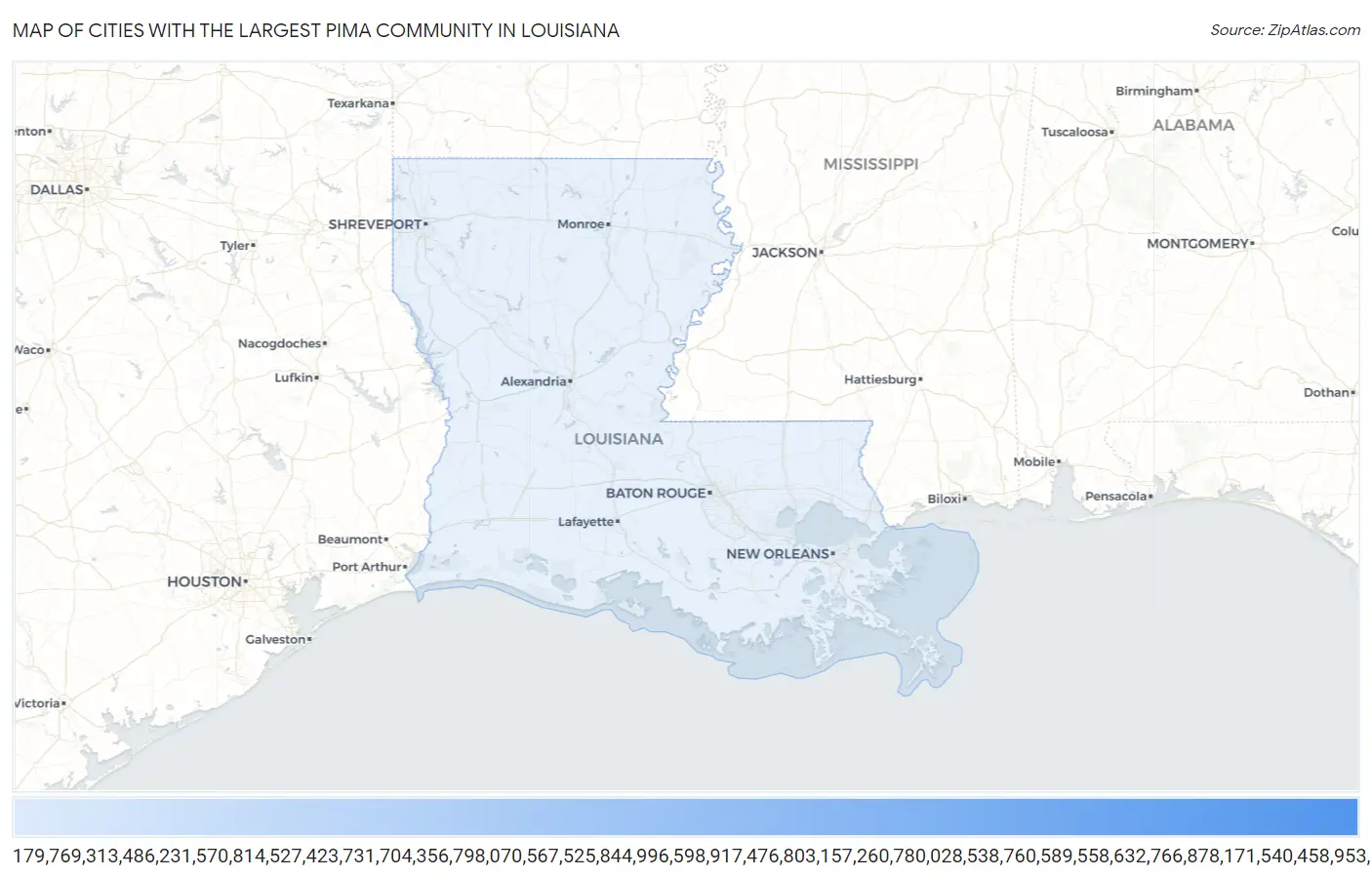 Cities with the Largest Pima Community in Louisiana Map