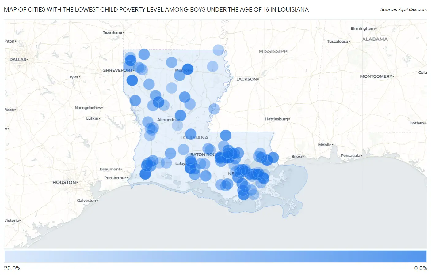 Cities with the Lowest Child Poverty Level Among Boys Under the Age of 16 in Louisiana Map