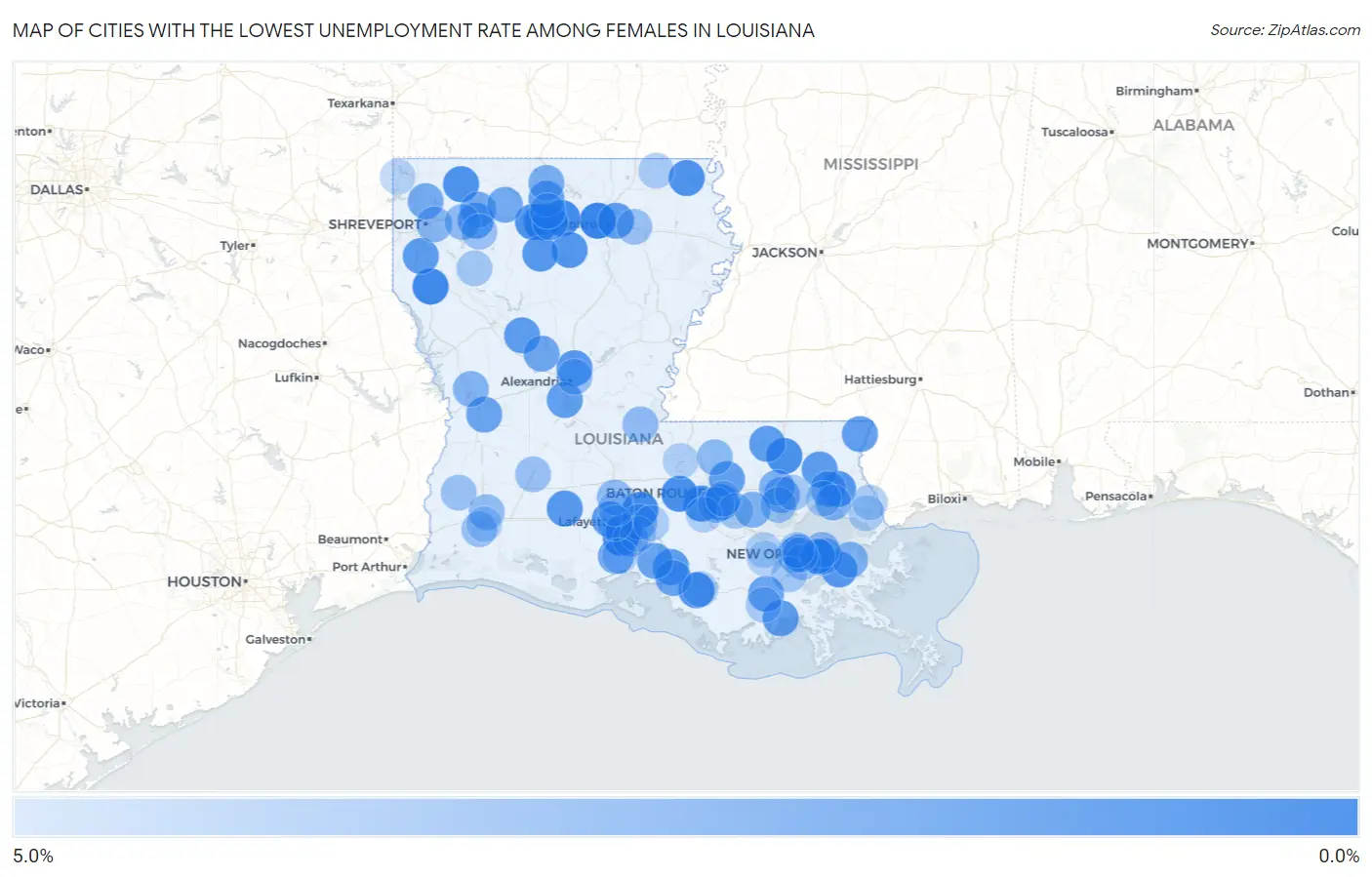 Cities with the Lowest Unemployment Rate Among Females in Louisiana Map