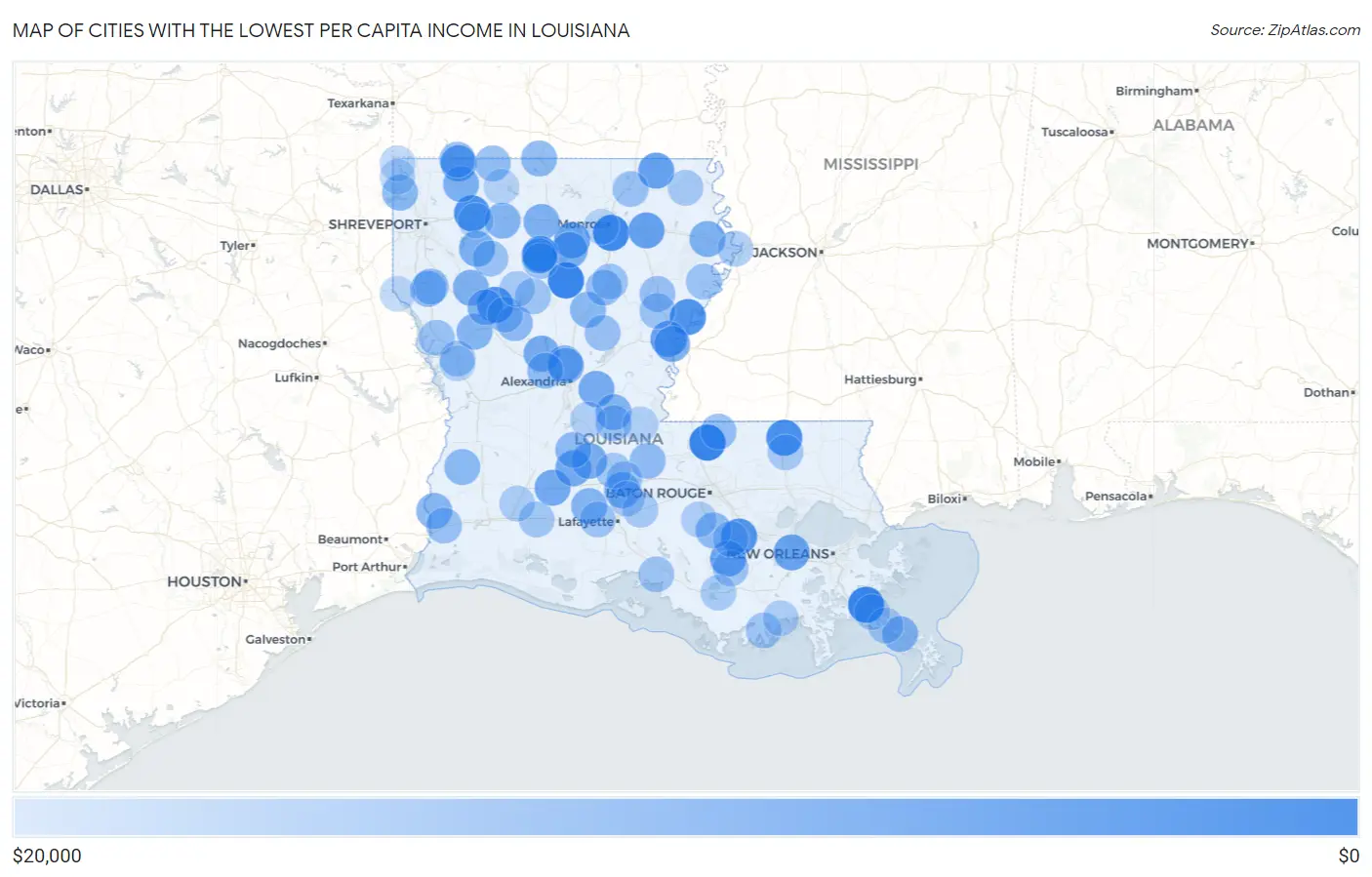 Cities with the Lowest Per Capita Income in Louisiana Map