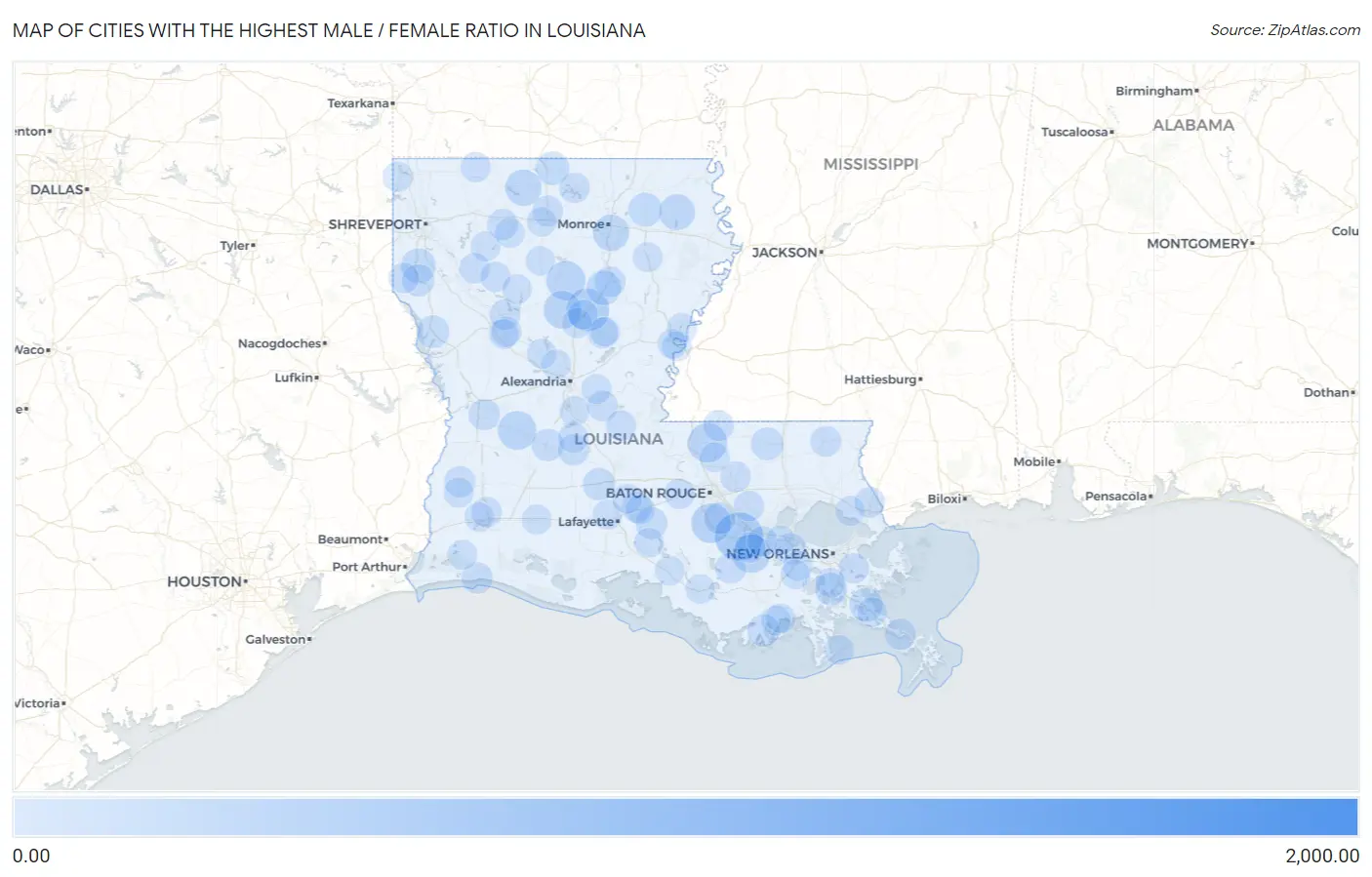 Cities with the Highest Male / Female Ratio in Louisiana Map