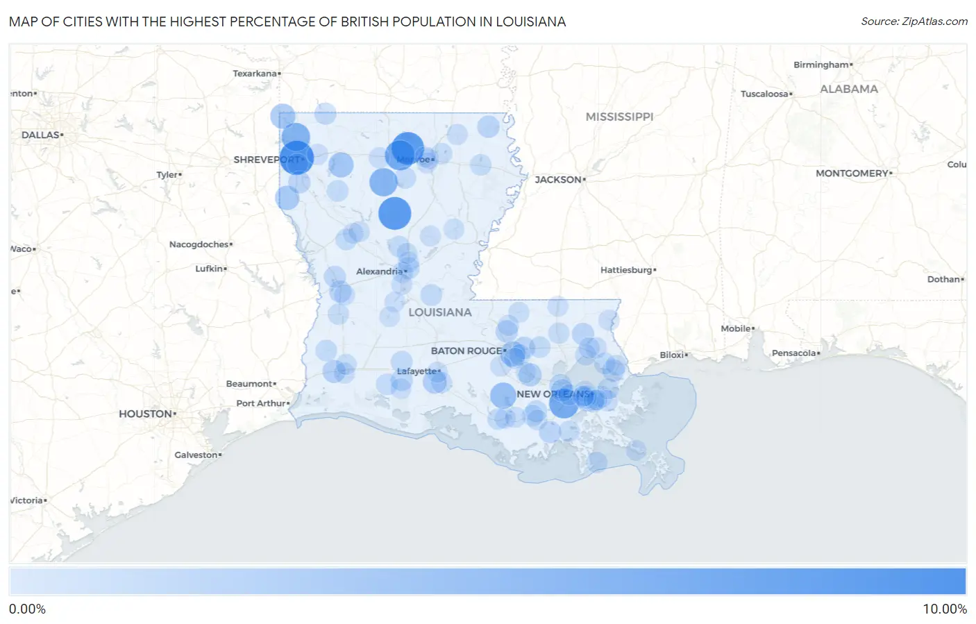 Cities with the Highest Percentage of British Population in Louisiana Map