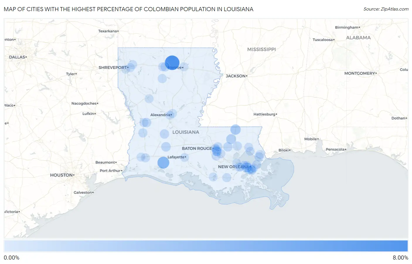 Cities with the Highest Percentage of Colombian Population in Louisiana Map