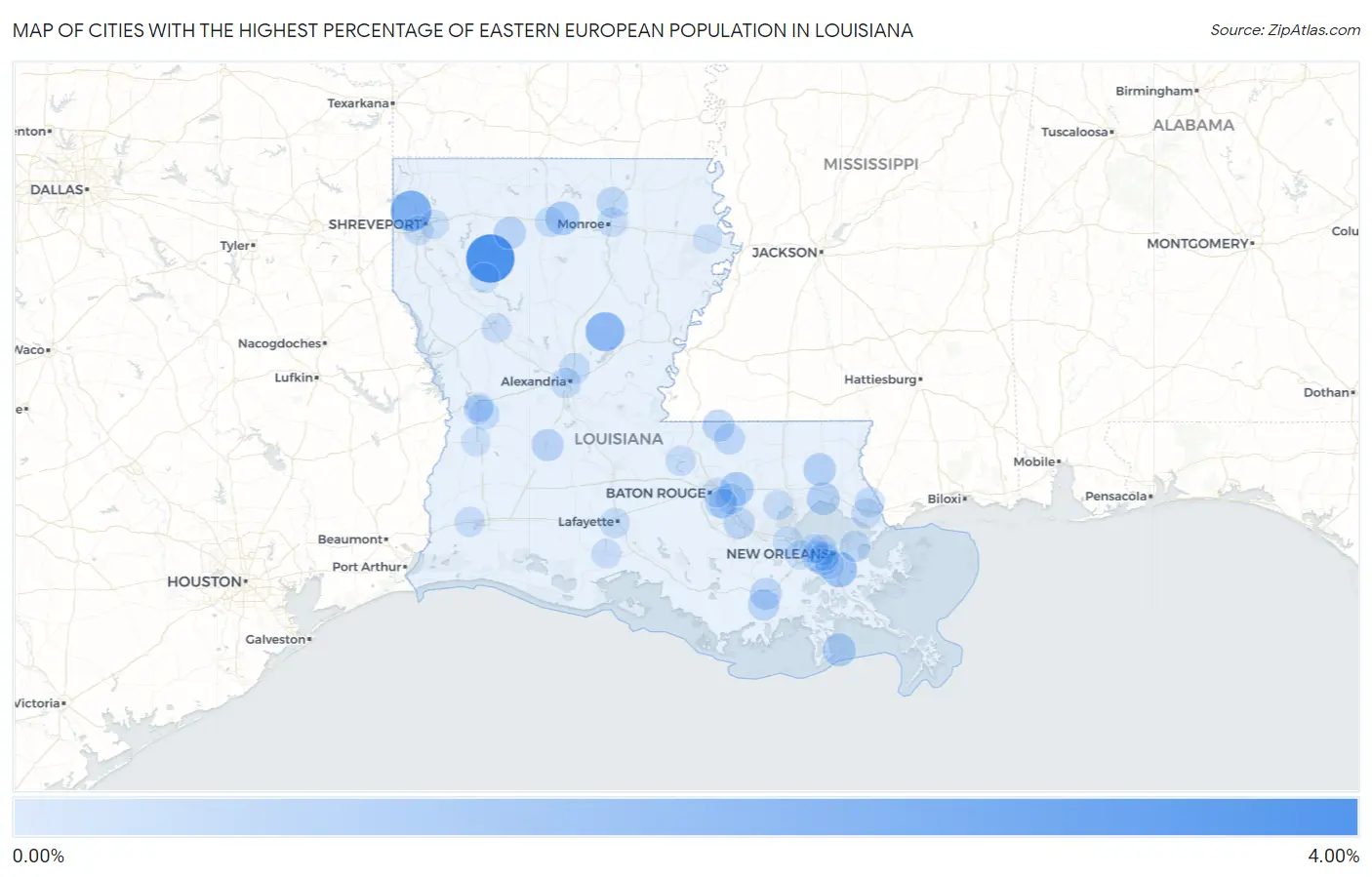 Cities with the Highest Percentage of Eastern European Population in Louisiana Map