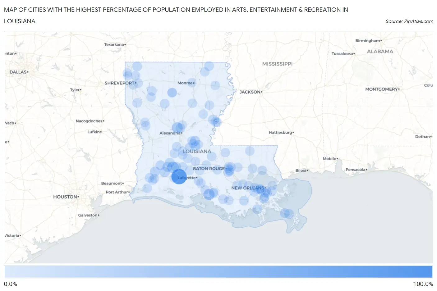 Cities with the Highest Percentage of Population Employed in Arts, Entertainment & Recreation in Louisiana Map