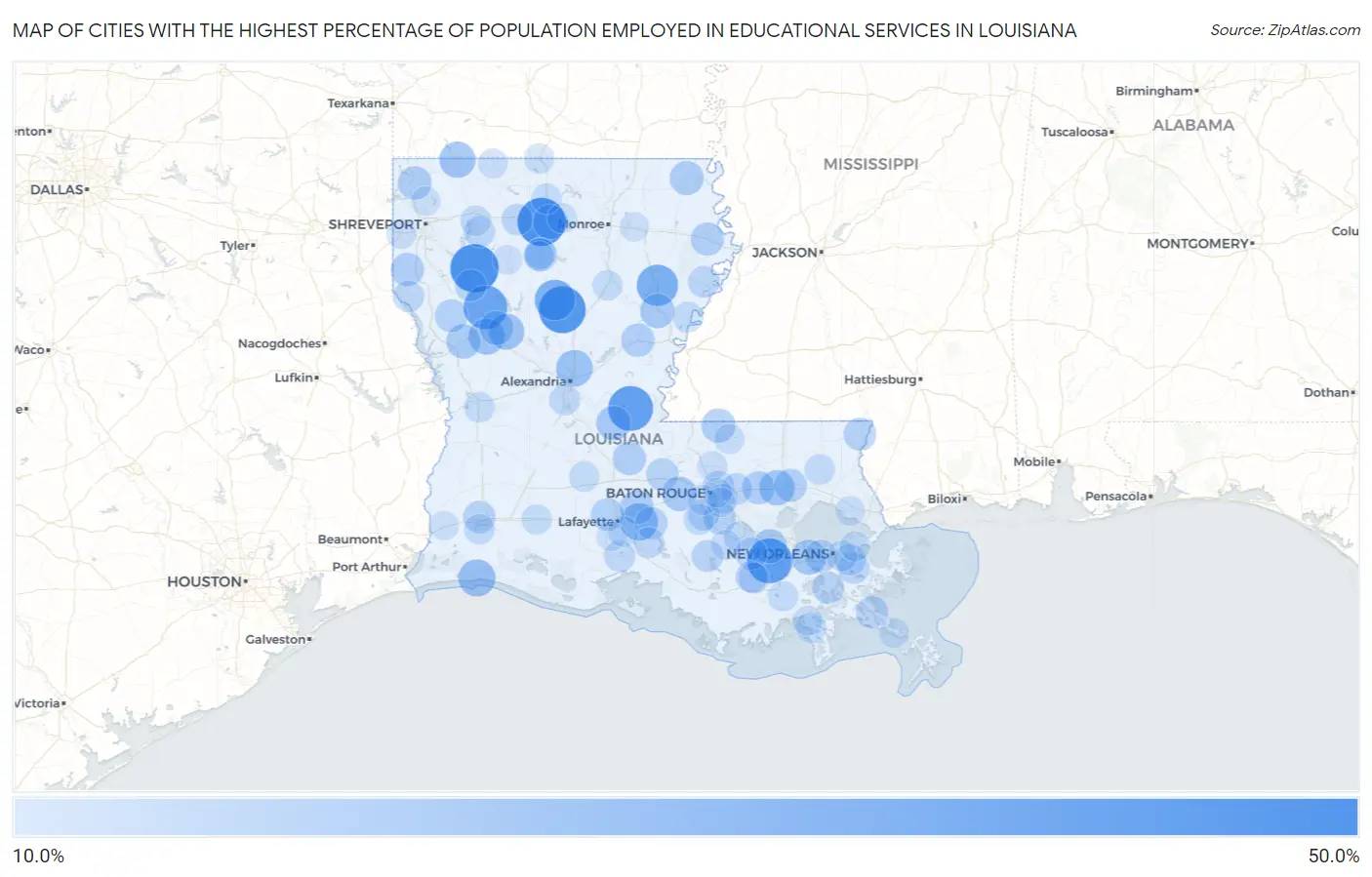 Cities with the Highest Percentage of Population Employed in Educational Services in Louisiana Map