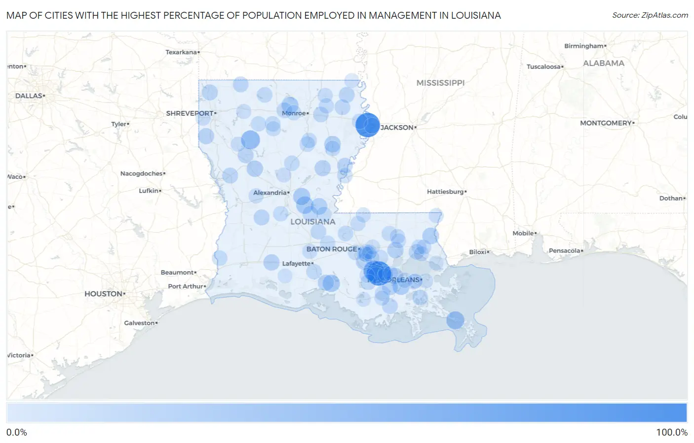 Cities with the Highest Percentage of Population Employed in Management in Louisiana Map