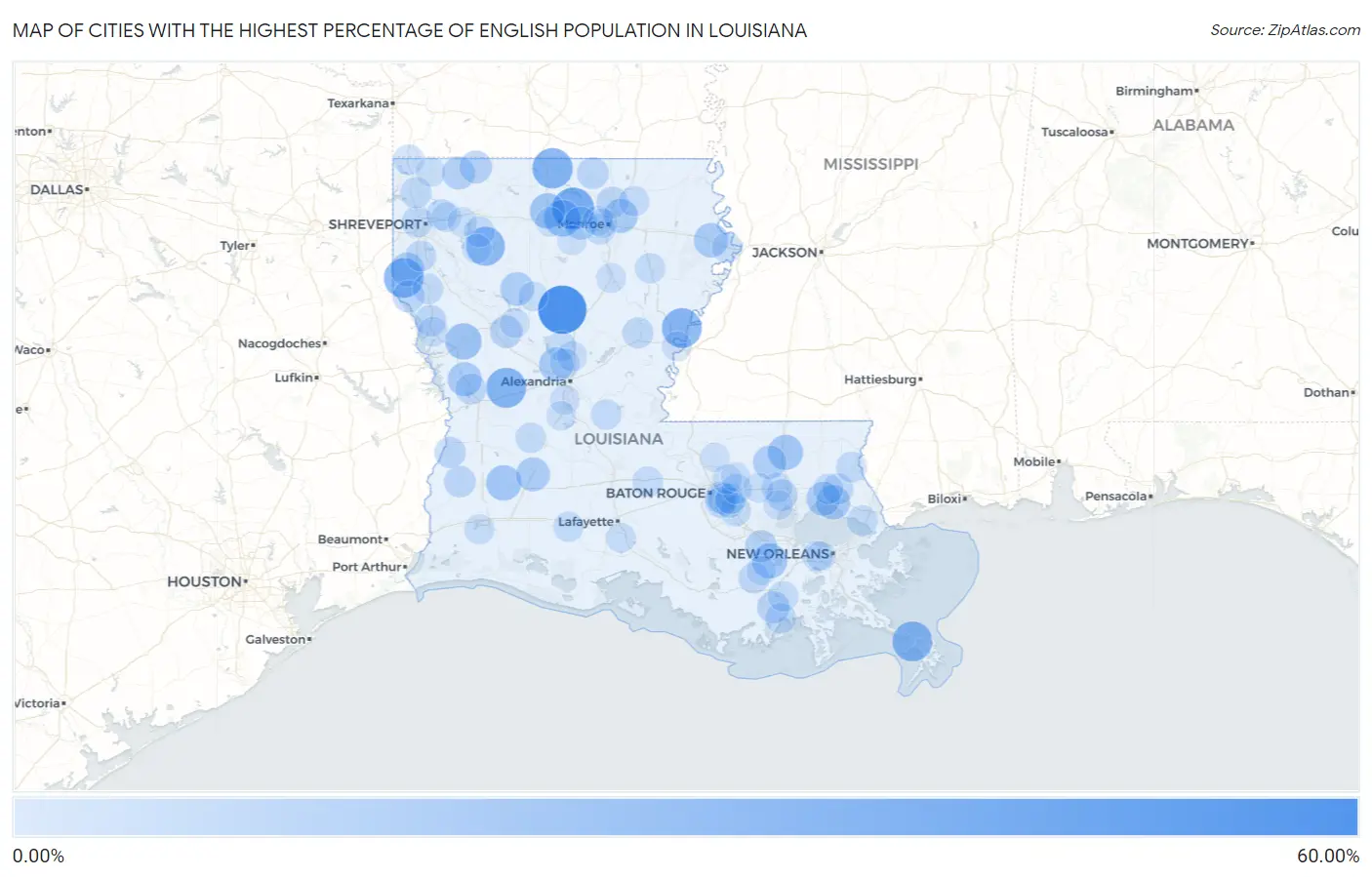 Cities with the Highest Percentage of English Population in Louisiana Map