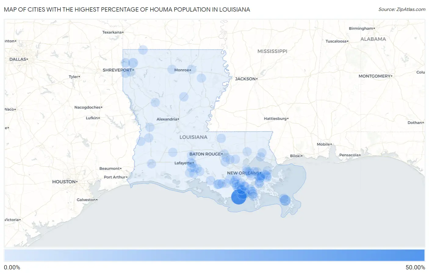 Cities with the Highest Percentage of Houma Population in Louisiana Map