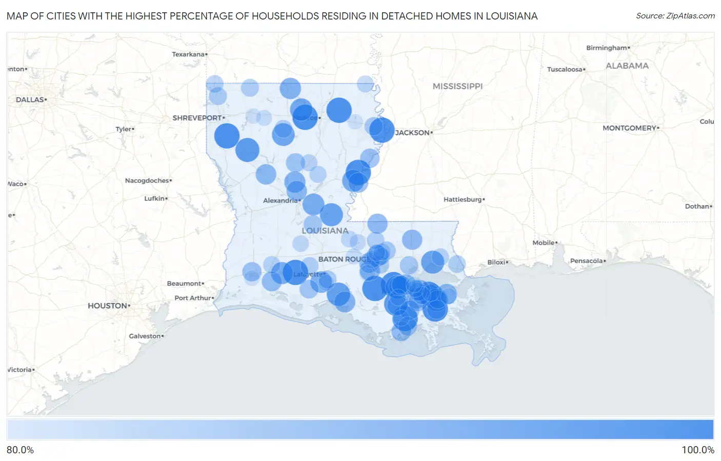 Cities with the Highest Percentage of Households Residing in Detached Homes in Louisiana Map