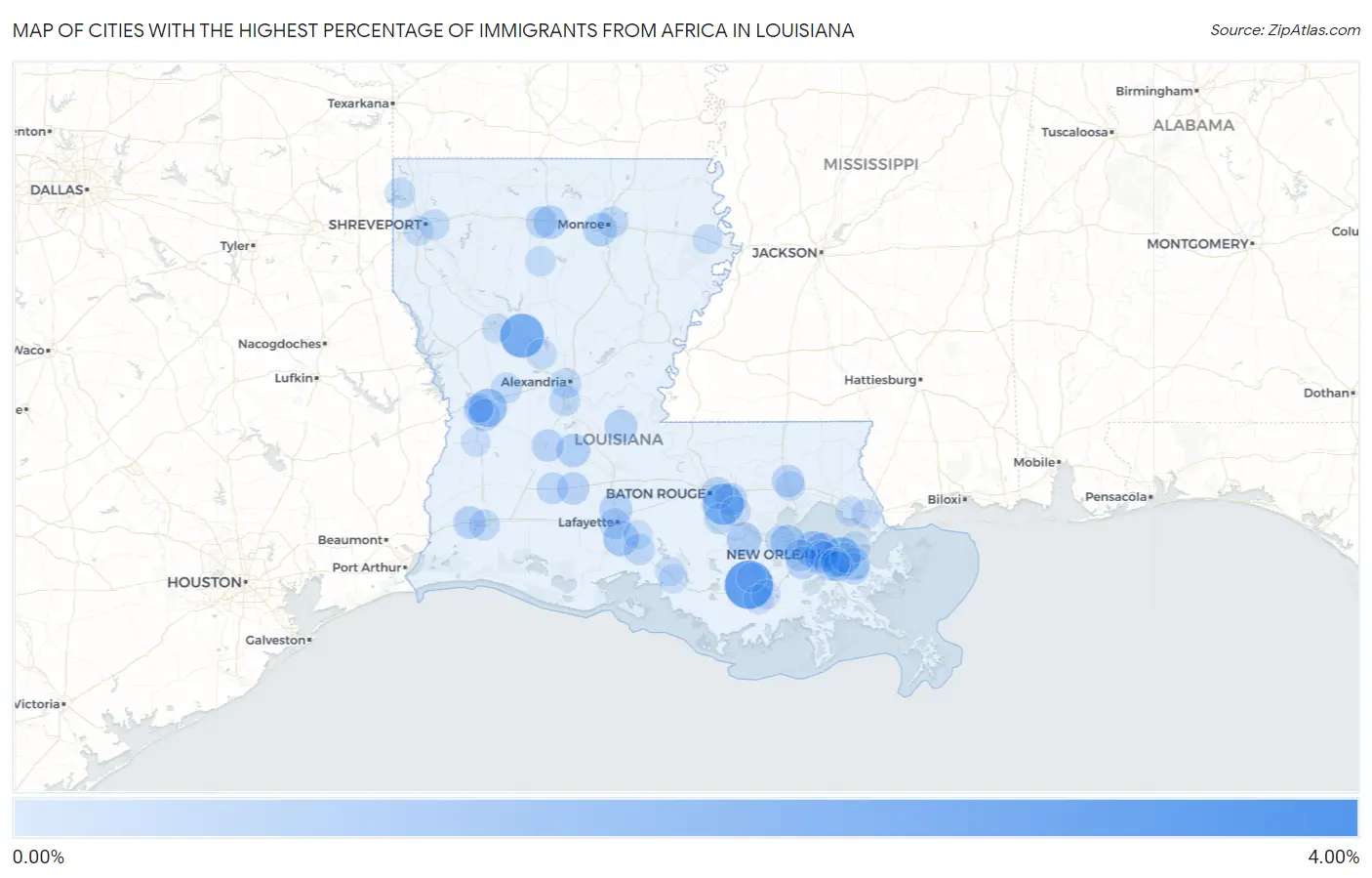 Cities with the Highest Percentage of Immigrants from Africa in Louisiana Map