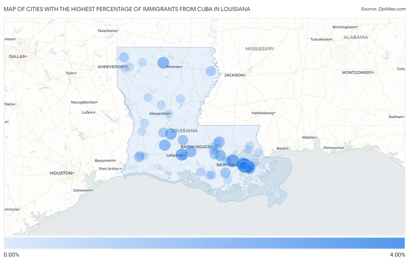 Cities with the Highest Percentage of Immigrants from Cuba in Louisiana Map