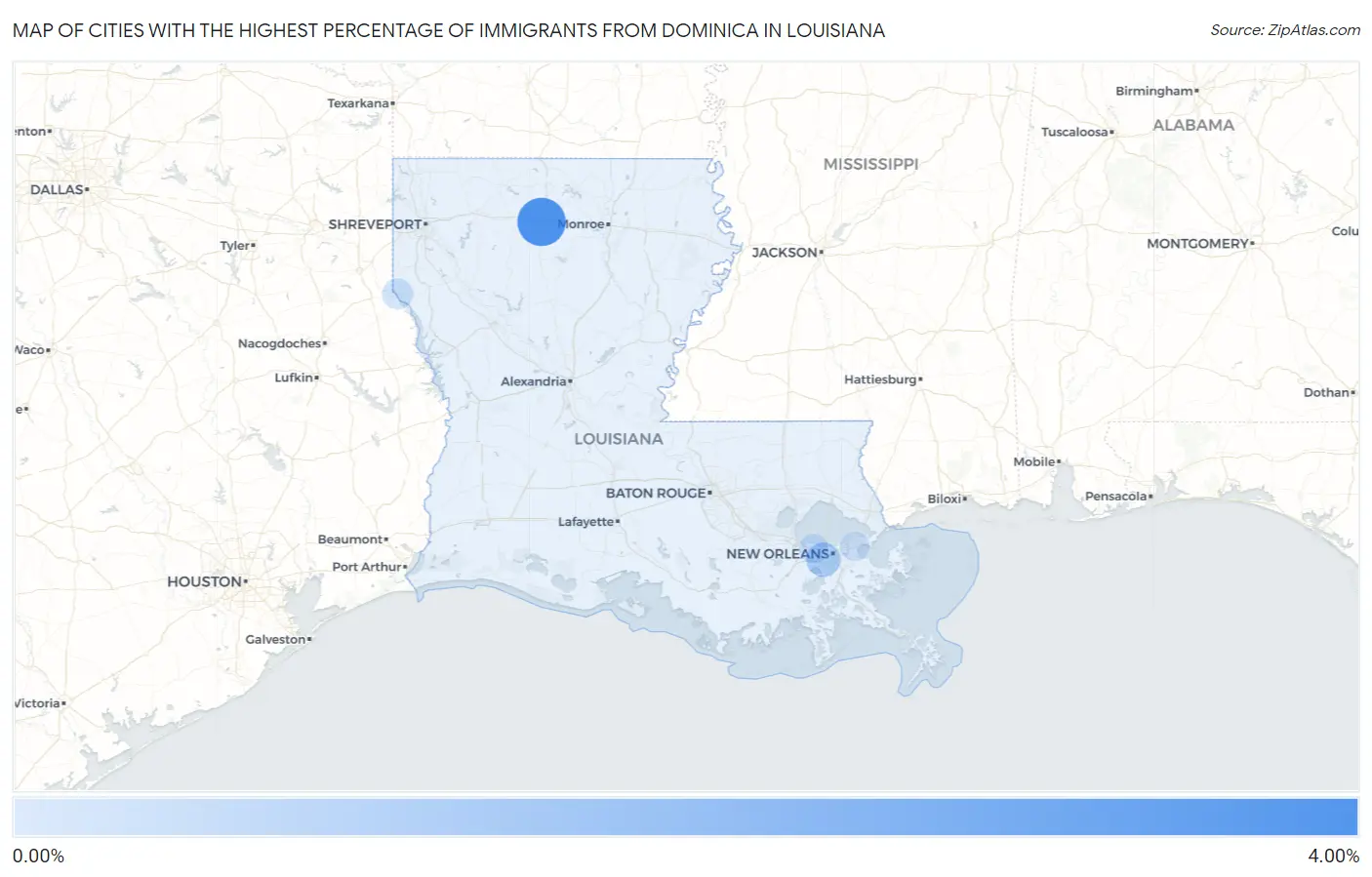 Cities with the Highest Percentage of Immigrants from Dominica in Louisiana Map
