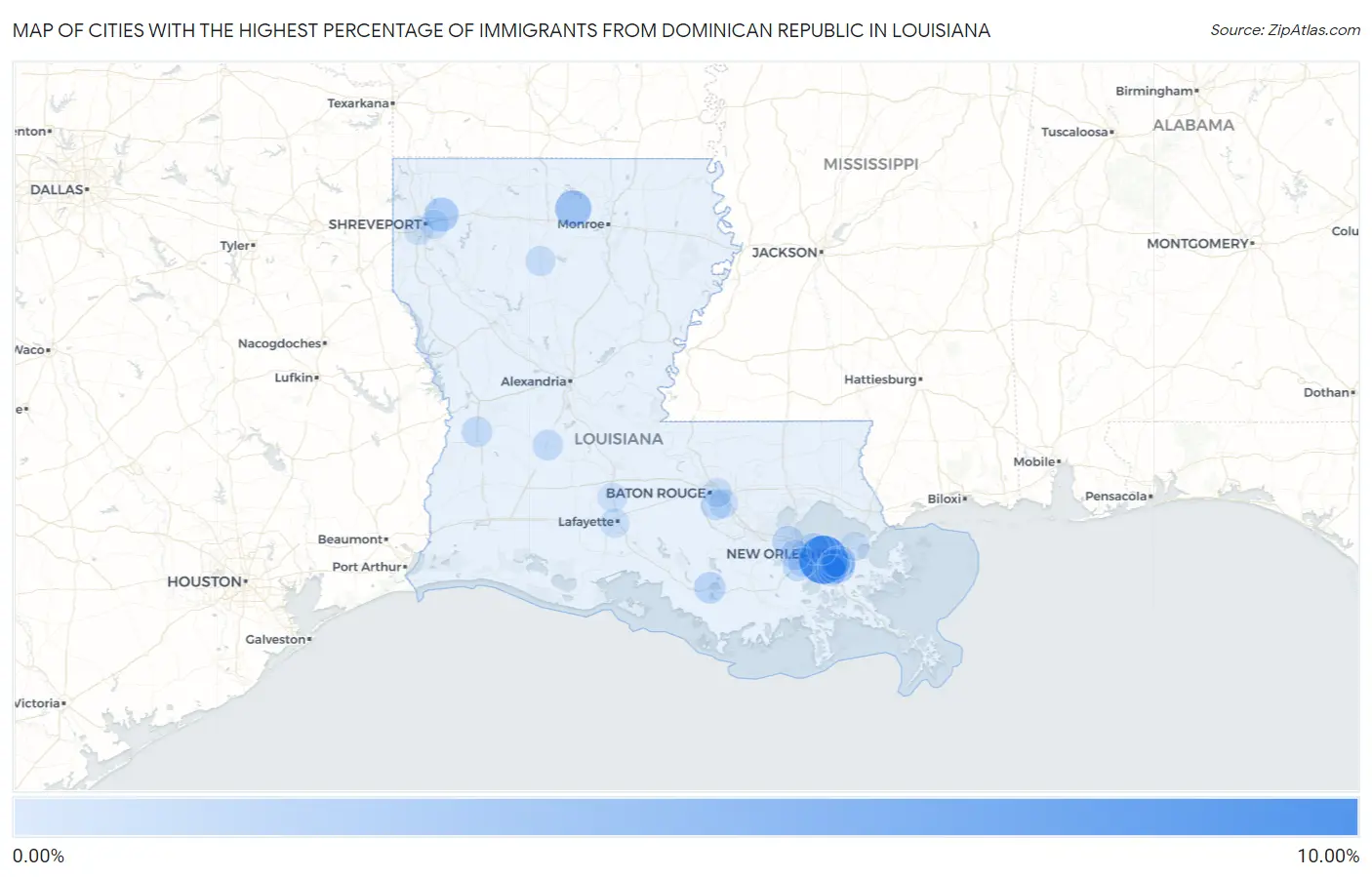 Cities with the Highest Percentage of Immigrants from Dominican Republic in Louisiana Map