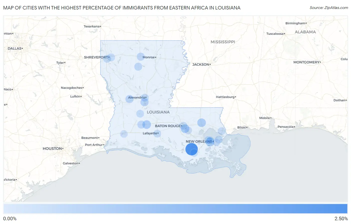 Cities with the Highest Percentage of Immigrants from Eastern Africa in Louisiana Map
