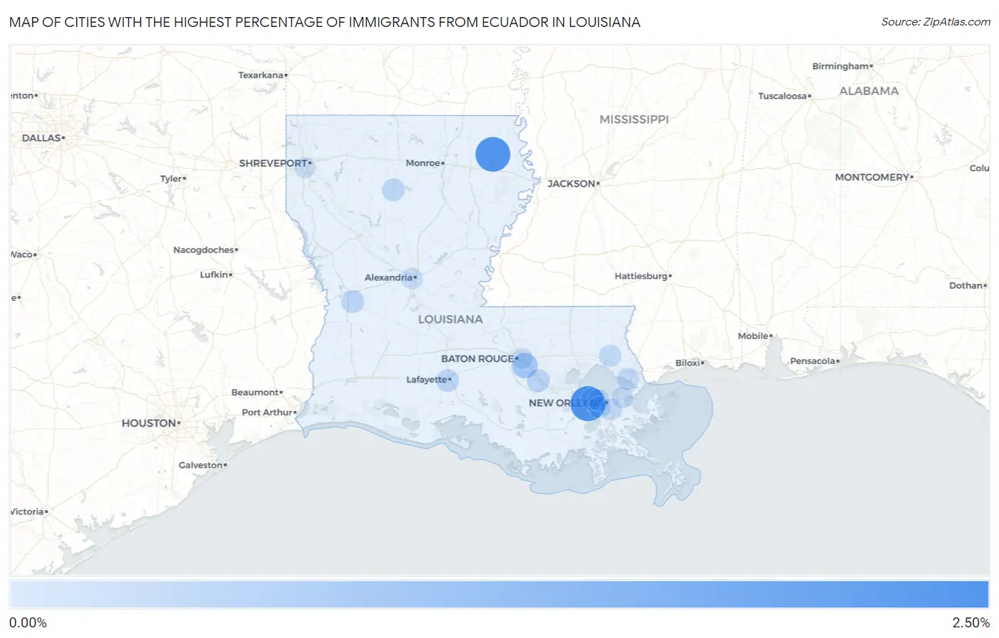 Cities with the Highest Percentage of Immigrants from Ecuador in Louisiana Map
